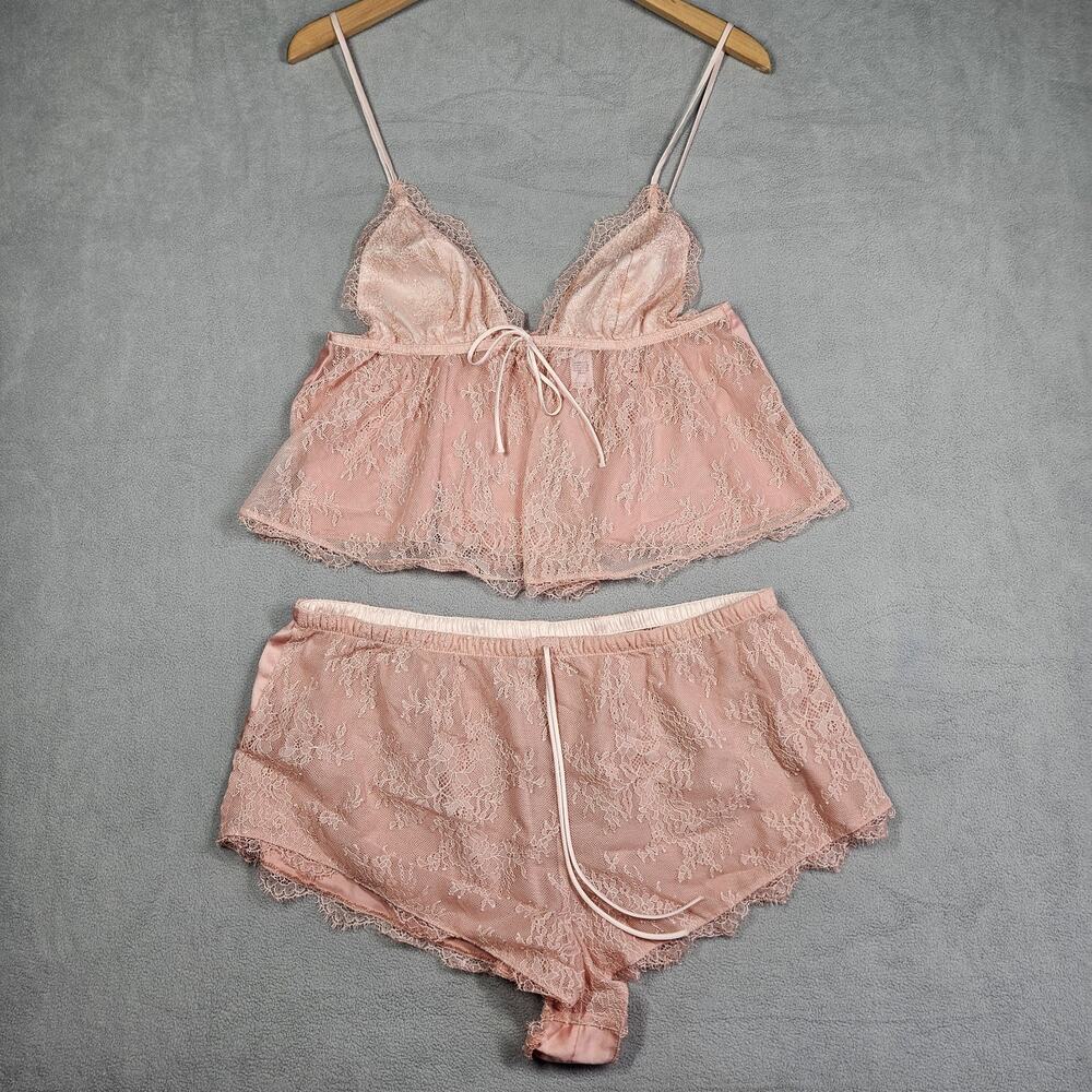Victoria's Secret Satin & Lace Babydoll Cami Top/Shorts Pajama Set Size XL Pink